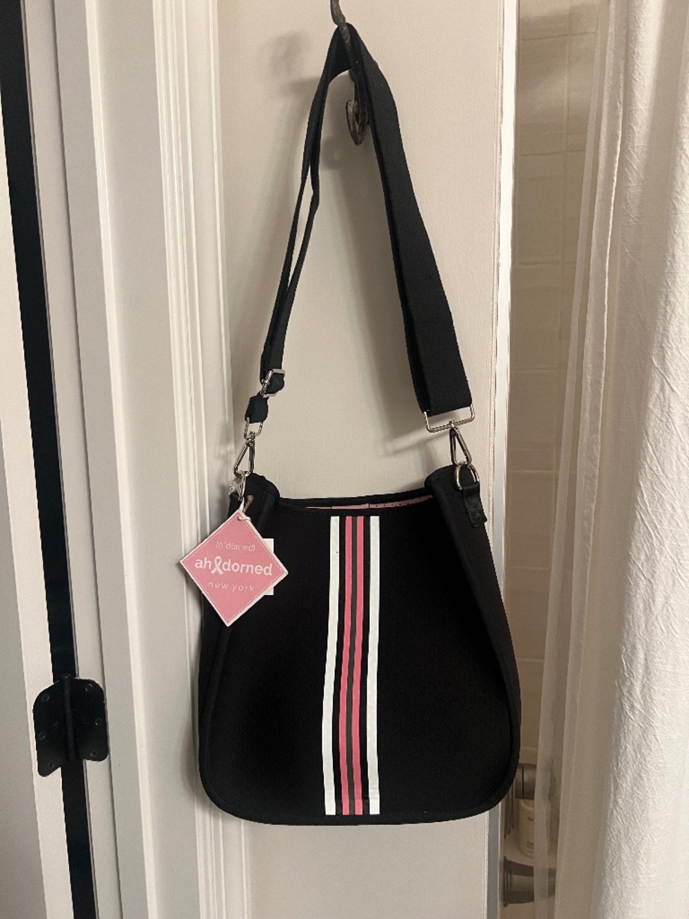NWT Ah-dorned Black Neoprene Crossbody Bag Pink Stripe